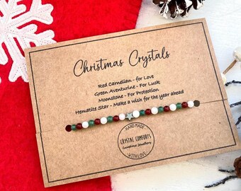 Christmas Gemstone Bracelet: Lucky Festive Crystals, Candy Cane colours, Wish Gift