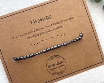 Morse Code Hematite Name Bracelet: Personalised Hidden Name, Christmas Gift