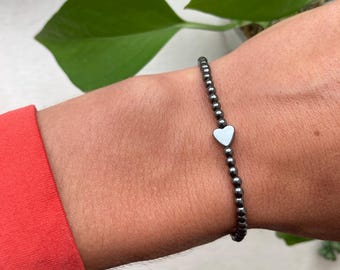 Dainty Hematite Bracelet: Heart Charm, Grounding Crystal