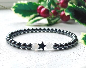 Christmas Wish Bracelet: Hematite and Rainbow Moonstone, Star, Stocking Stuffer