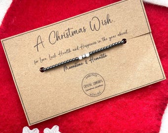 Christmas Star Wish Bracelet: Tiny Hematite crystal beads and Rainbow Moonstone, Stocking Stuffer