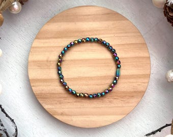Rainbow Hematite Festive Bracelet: Faceted Sparkly Gemstone Beads, Leaf Charm