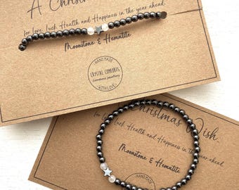 Christmas Star Wish Bracelet: Tiny Hematite crystal beads and Rainbow Moonstone, Stocking Stuffer