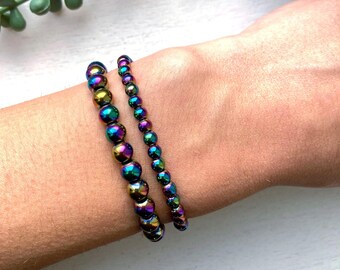 Rainbow Hematite bracelet - Real Semi-precious gemstone beads - Grounding Crystals - Minimalist - Stacking - Layering - Stretchy