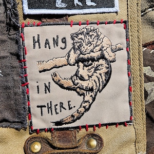 HANG IN THERE | embroidered cat patch, funny sad cat iron on patch, goth animal patch for jackets, alt fabric patch for diy fashion