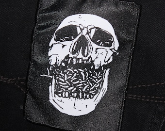 NO SYMPATHY | Horror Woven Patch, Punk Sew On Patch for Jacket, Lowbrow Surreal Art, Gothic Fabric Patch, Battle Vest, Macabre Skull Patch