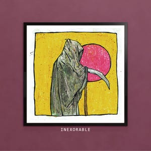 ONVERWACHT | vierkante digitale download kunstprint, direct afdrukbaar wanddecor, post-apocalyptische cartoon, lowbrow punksurrealisme, Magere Hein