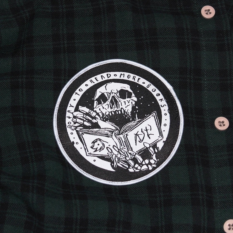 READ MORE BOOKS | bookish woven patch, punk sew on patch for jacket, lowbrow surreal art, gothic fabric patch, battle vest, book lover gift image 7