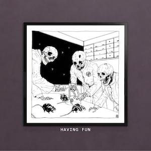 PLEZIER HEBBEN | instant digitale download art print, afdrukbaar wanddecor, post-apocalyptische cartoon, lowbrow punk surrealisme, grimmige donkere fantasie