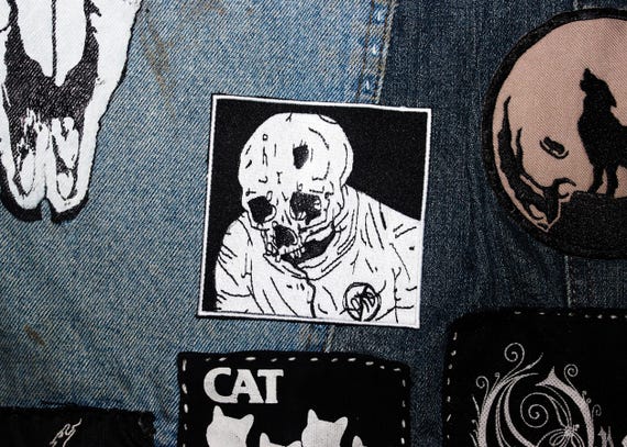 HAVING FUN | Horror Woven Patch, Punk Iron On Patch for Jacket, Lowbrow Surreal Art, Gothic Fabric Patch, Battle Vest, Skeleton Patch