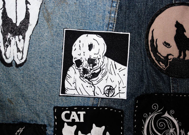 HAVING FUN | Horror Woven Patch, Punk Iron On Patch for Jacket, Lowbrow Surreal Art, Gothic Fabric Patch, Battle Vest, Skeleton Patch image 1