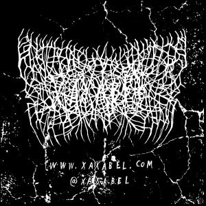 May include: Black and white graphic design with a distressed texture. The design features a complex, abstract white shape at the top, with the text "WWW. XAXABEL.COM" and "@XAXA.BEL" at the bottom. The overall aesthetic is dark and edgy.