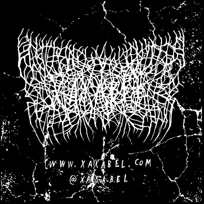 May include: Black and white graphic design with a distressed texture. The design features a complex, abstract white shape at the top, with the text "WWW. XAXABEL.COM" and "@XAXA.BEL" at the bottom. The overall aesthetic is dark and edgy.