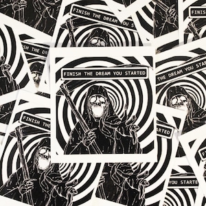 FINISH THE DREAM / adesivo in vinile horror, adesivi impermeabili di nuova generazione per bottiglie, decalcomanie viscerali per laptop, motivazione surreale alla mortalità