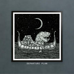 VERTREKPLAN | digitale download kunstprint, afdrukbaar wanddecor, post-apocalyptische cartoon, lowbrow Viking surrealisme, grizzlybeer artwork