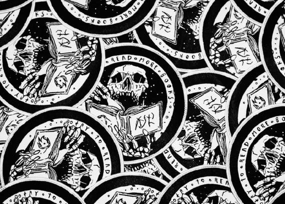 READ MORE BOOKS | bookish woven patch, punk sew on patch for jacket, lowbrow surreal art, gothic fabric patch, battle vest, book lover gift