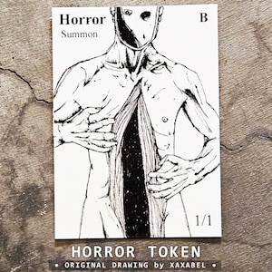 May include: A rectangular game card featuring a black and white ink illustration of a figure with a hollow, star-filled torso. The card displays the text Horror, Summon, B, and 1/1. The artwork depicts a figure with hands pulling open their chest.
