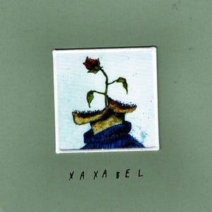 Pode incluir: Um patch quadrado com um desenho de uma rosa vermelha num vaso castanho, sobre um fundo azul claro. O patch está sobre um fundo verde. O texto "X A X A B E L" está escrito por baixo. O vaso está sobre um suéter azul.