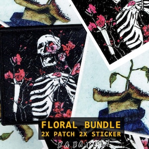 May include: A collection of square patches and stickers featuring a black and white skeleton surrounded by pink flowers and a green plant growing from a textured pot. The text reads FLORAL BUNDLE 2X PATCH 2X STICKER XAXABEL.