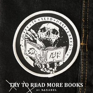 LEES MEER BOEKEN | leesgrage geweven patch, punk naai patch voor jas, lowbrow surrealistische kunst, gotische stof patch, strijdvest, cadeau boekenliefhebber