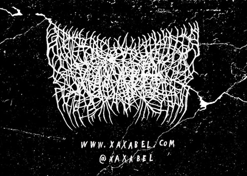 May include: A black and white graphic design featuring intricate, dense, white line art resembling tangled roots or branches centered on a textured black background. Below the graphic, the text reads WWW.XAXABEL.COM and @XAXABEL.