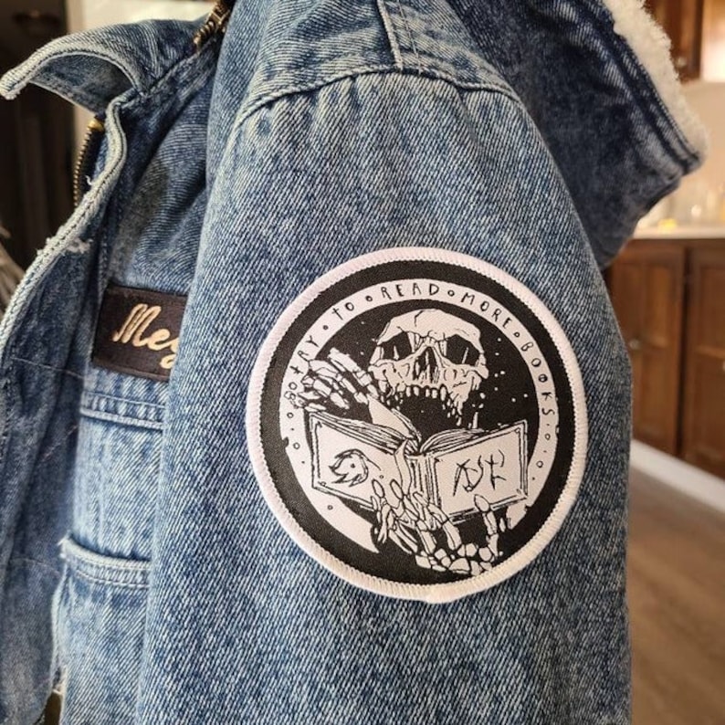 READ MORE BOOKS | bookish woven patch, punk sew on patch for jacket, lowbrow surreal art, gothic fabric patch, battle vest, book lover gift image 5