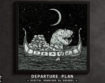 Grim Dark Fantasy Wall Art, Printable Dreamlike Bear Digital Download, Gothic Home Decor – DEPARTURE PLAN | XAXABEL