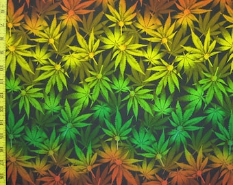 Estampado degradado de marihuana sobre tela de poliéster y elastano / (Estiramiento en 4 direcciones / Se puede cortar a medida)