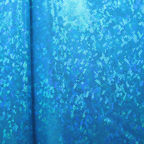 Turquoise Shattered Glass w/ Holographic Foil Spandex Fabric | (4 Way Stretch/Per Yard)