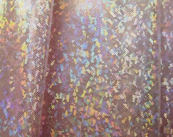 Silver & Light Pink Shattered Glass w/ Holographic Foil on Nylon Spandex Fabric |  (4 Way Stretch/Per Yard)