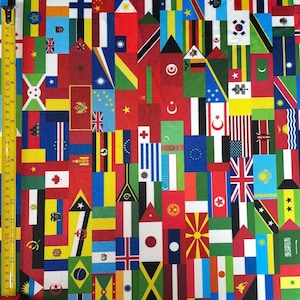 Drapeaux de différents pays imprimés sur du tissu poly spandex | (Étirement dans 4 directions/par mètre)