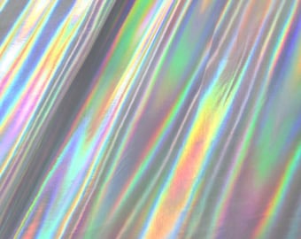 Silver Holographic Metallic Foil on Nylon Spandex Fabric | (4 Way Stretch/Per Yard)