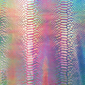 Estampado holográfico de piel de serpiente con degradado en tejido de nailon y licra (plateado, cereza, limón y azul) (elástico en 4 direcciones, cortado a medida)