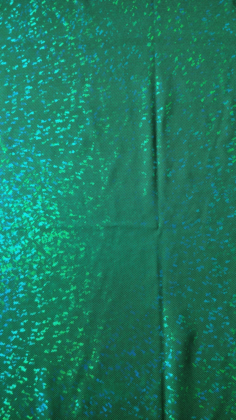 Kelly Green & Green Shattered Glass w/ Holographic Foil Spandex Fabric | (4 Way Stretch/Per Yard) image 3