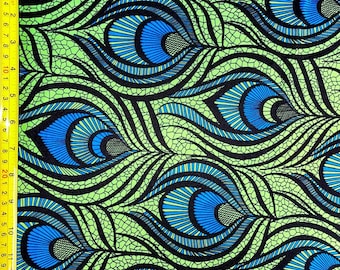 Peacock Print on Nylon Spandex Fabric (Neon Green/Turquoise/Black) | (4 Way Stretch/Per Yard)