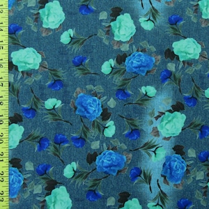 Blaue Rose Blumen Print auf Poly Spandex Stoff | (4-Wege-Stretch)