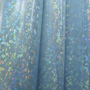 Silver & Light Blue Shattered Glass w/ Holographic Foil Spandex Fabric | (4 Way Stretch/Per Yard)