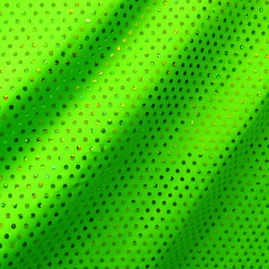 Pois con stampa olografica su tessuto Poly Spandex (oro/verde neon) / (elastico in 2 direzioni/tagliato su misura)