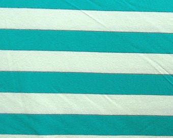 Horizontal Stripes on Cotton Spandex Fabric (White/Turquoise) |  (4 Way Stretch/Per Yard)