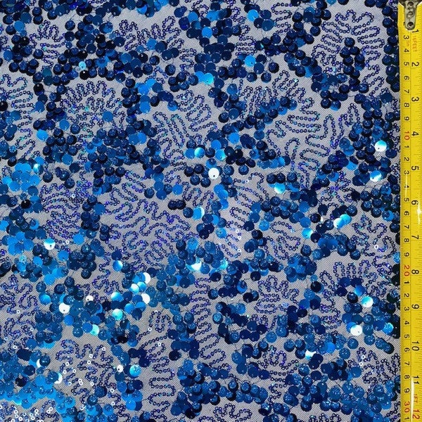 Curvy Squiggle Sequins on See Through Mesh Fabric (Blue)  | (4 Way Stretch/By The Yard)