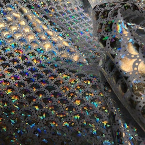 Silver & White Mermaid Fish Scale on Holographic Foil Spandex with Dots Fabric | (4 Way Stretch/Per Yard)