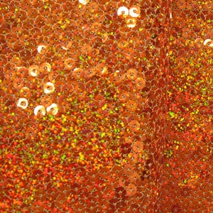 5mm Holographic Sequins on Poly Mesh Fabric (Orange)  | (2 Way Stretch/Per Yard)