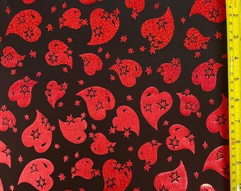 Holographic Sparkly Hearts on Poly Spandex Fabric (Red/Black) | (4 Way Stretch/Per Yard)