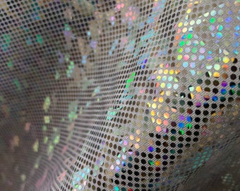 Silver & White Shattered Glass w/ Holographic Foil Spandex Fabric |  (4 Way Stretch/Per Yard)