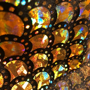Gold & Black Mermaid Fish Scale on Hologram Foil Spandex w/ Dots Fabric |  (4 Way Stretch/Per Yard)