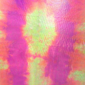 Holographic Mirror Dots on Tie Dyed Nylon Spandex Fabric (Fuchsia/Yellow/Orange) |  (4 Way Stretch/Per Yard)