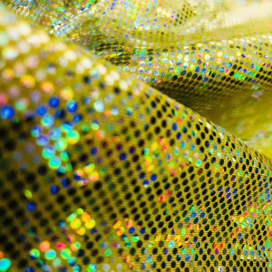 Silver & Yellow Shattered Glass w/ Holographic Foil Spandex Fabric | (4 Way Stretch/Per Yard)