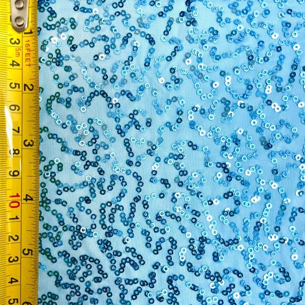 Curvy Squiggly Sequins on Nylon Spandex Fabric (Baby Blue)  | (4 Way Stretch/By The Yard)