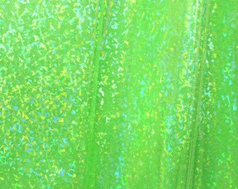Silver & Neon Green Shattered Glass w/ Holographic Foil Spandex Fabric | (4 Way Stretch/Per Yard)