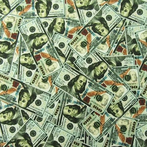 May include: A close-up image of a fabric with a repeating pattern of US $100 bills. The bills are green and white with a portrait of Benjamin Franklin.
